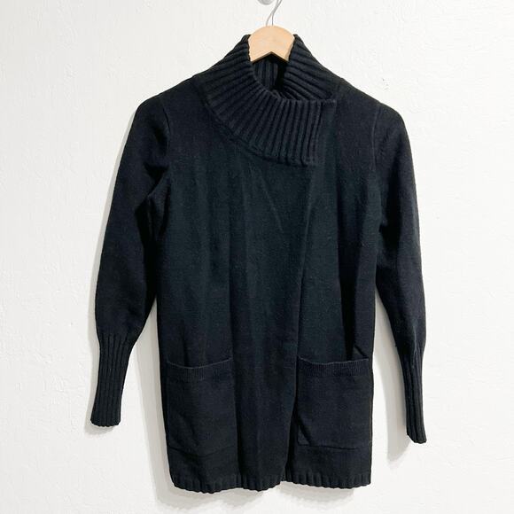 White + Warren Cardigan XS Sweater Black Coatigan Wool Blend Patch Knit - Picture 3 of 8